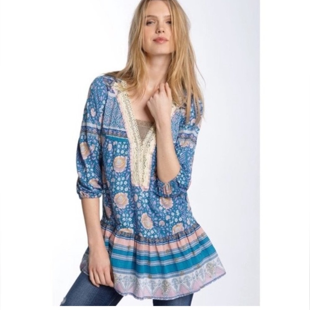 Free People• Sweet Poland Boho Peasant Tunic Top Blue Size Medium